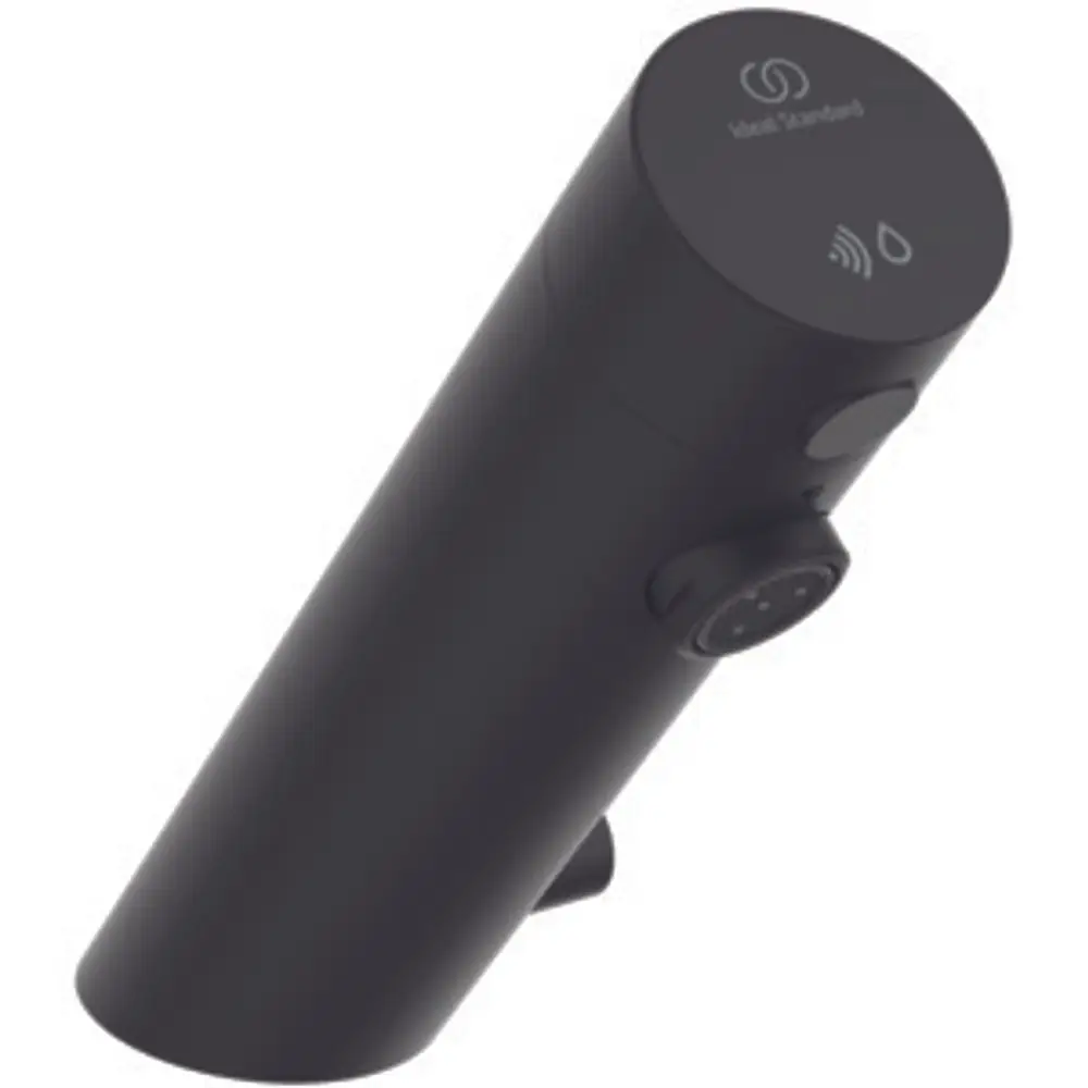 Schwarze Sensorarmatur von Ideal Standard mit automatischem Wasserfluss. Der obere Teil zeigt ein Bedienfeld mit Symbolen für Wasser und Sensor.
